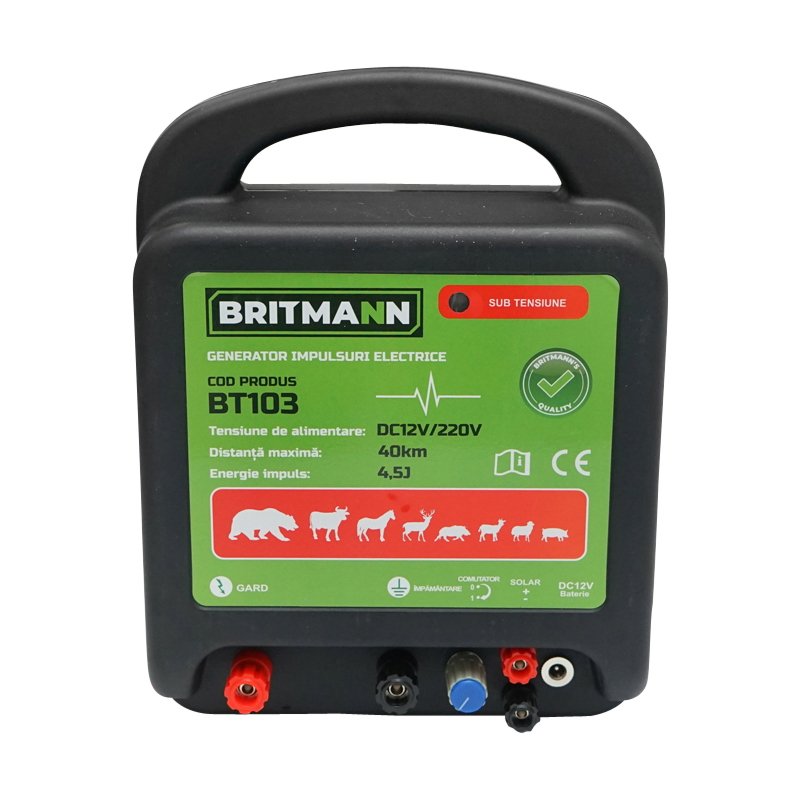 Aparat generator de impulsuri DC 12/220V, 4.5 Joule 40km pentru gard electric BRITMANN